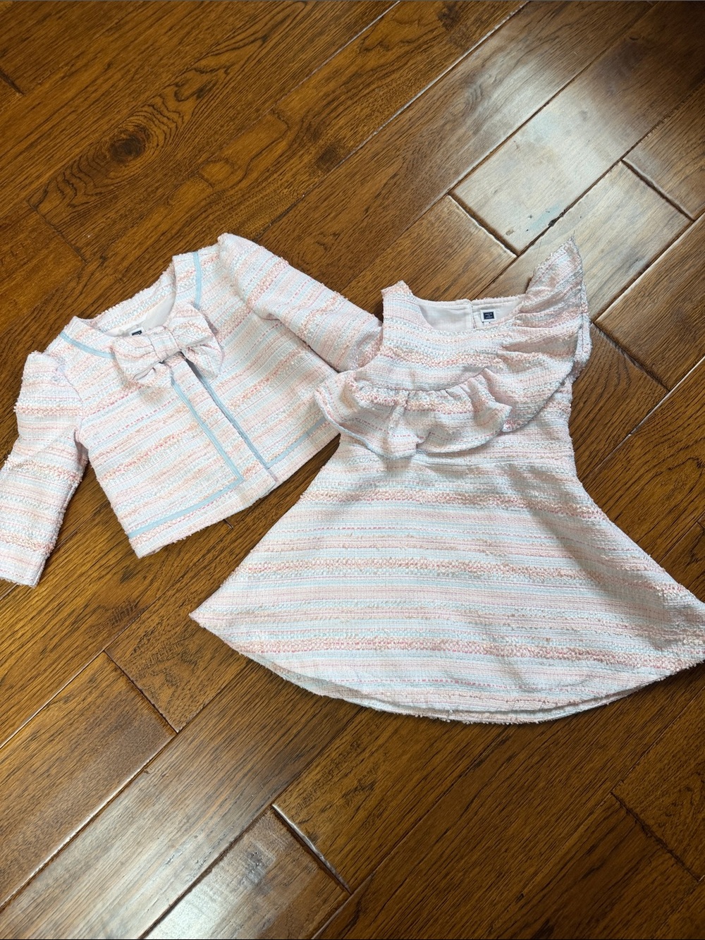 Girls Pink Peach  & White Tweed Dress + Jacket Set